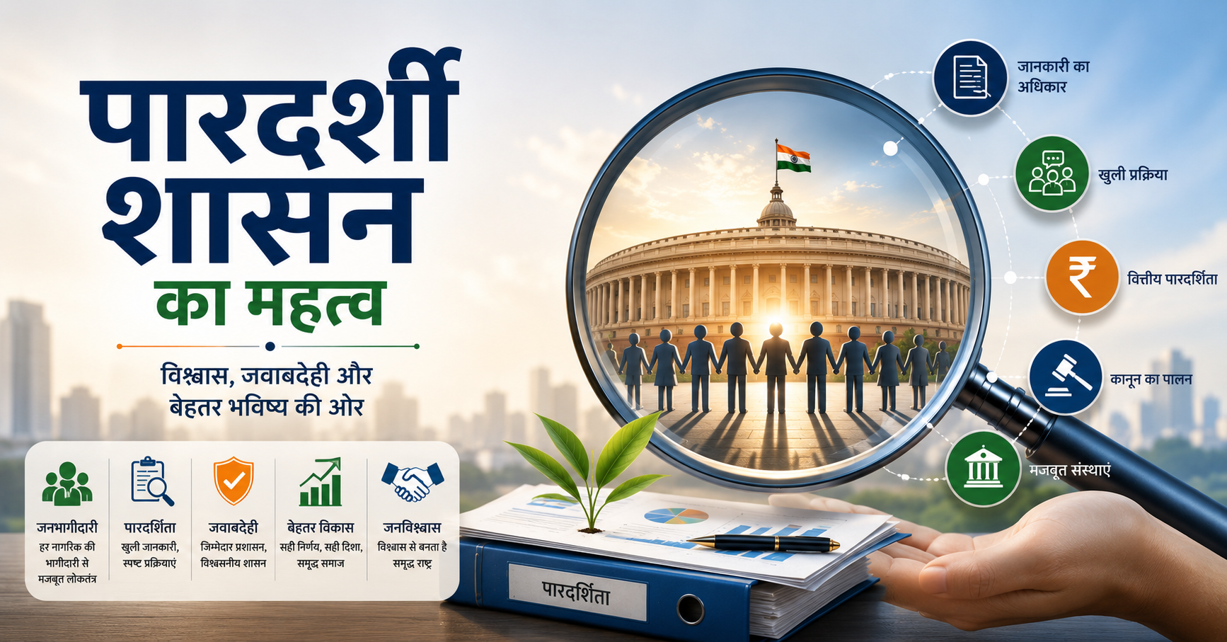 Magnifying glass focusing on a government institution with citizens, governance documents, accountability symbols, and public participation elements representing transparent governance.
