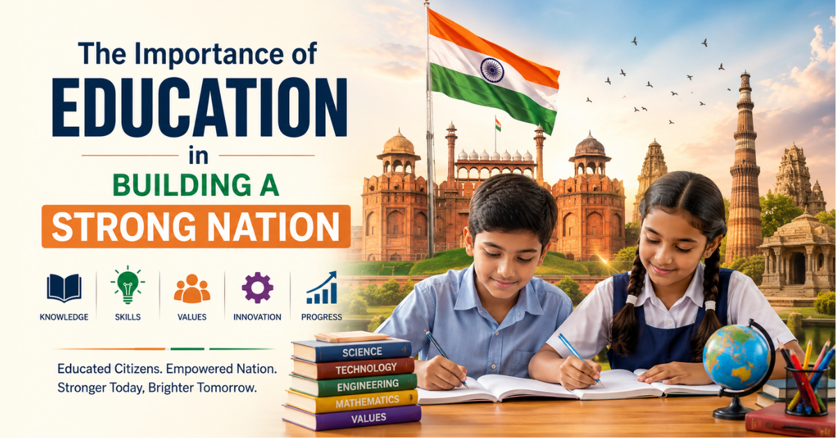 Indian school students studying with books in front of iconic Indian monuments and the national flag, representing the importance of education in building a strong nation.