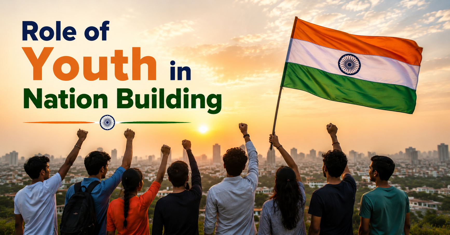 Young people holding the Indian flag with the heading “Role of Youth in Nation Building,” symbolizing patriotism, leadership, and youth contribution to national development.