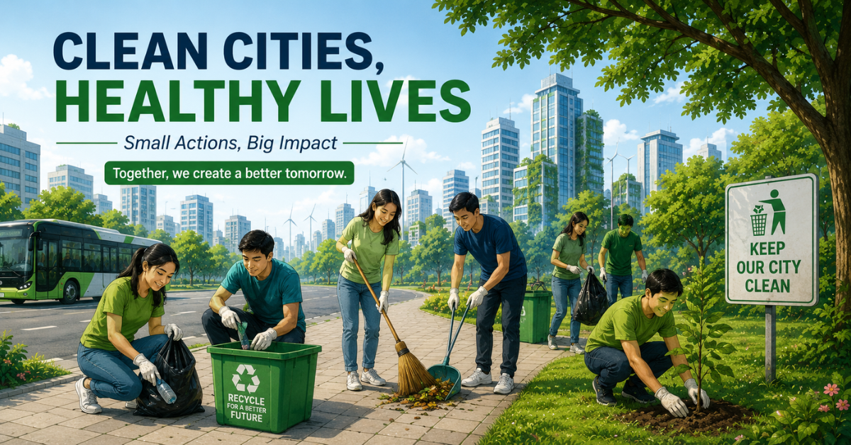 People participating in a city cleanliness drive by planting trees, collecting garbage, and promoting recycling in a clean urban environment.
