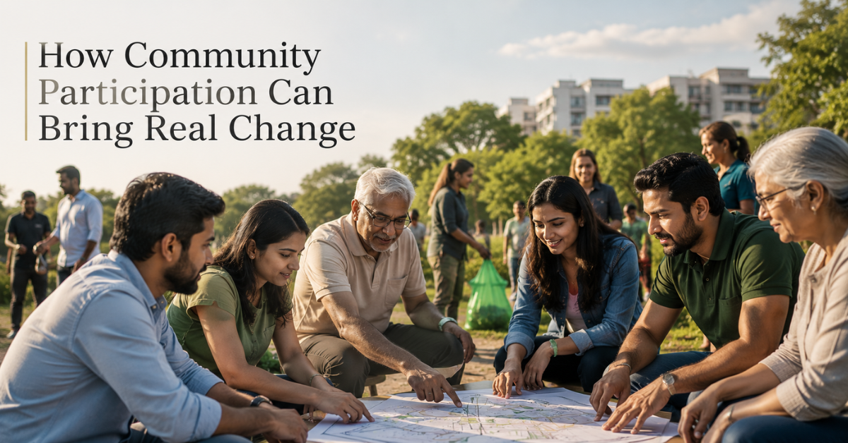 A diverse group of community members collaborating on a local development plan in a public park, representing civic engagement, teamwork, and community-driven change.