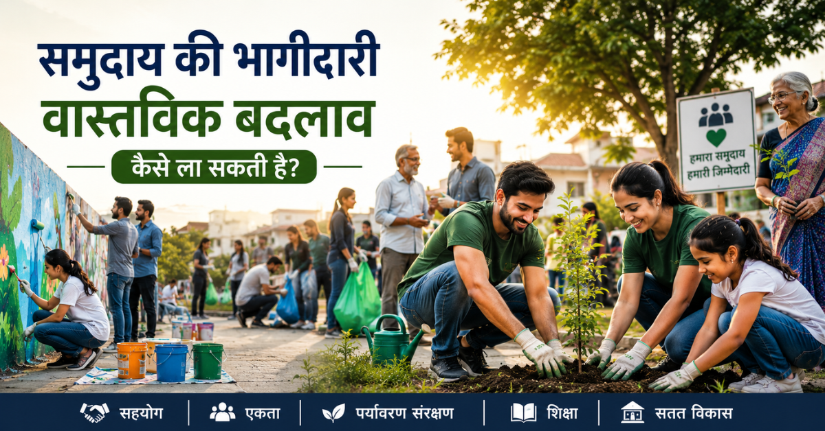 Community members participating in tree plantation, neighborhood cleanup, and local development activities, representing teamwork, civic responsibility, and positive social change.