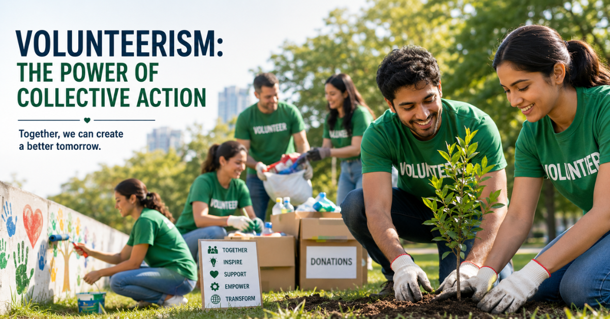 A diverse group of volunteers working together in a community park, planting trees, cleaning public spaces, and supporting social initiatives, symbolizing teamwork, service, and collective action.