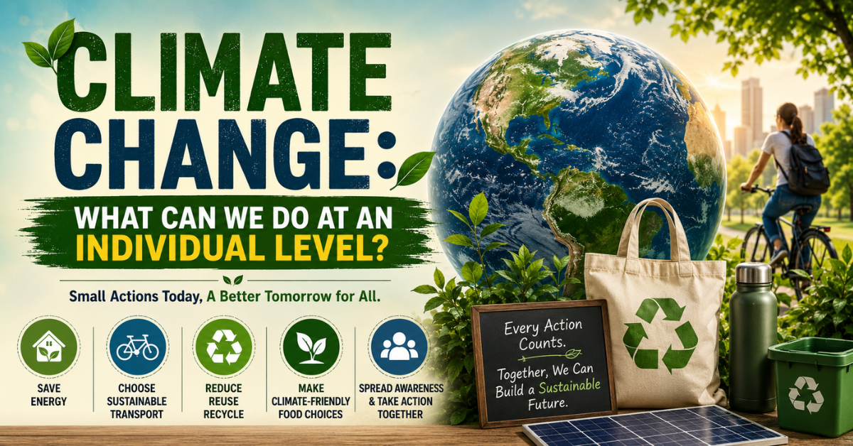 A climate change awareness banner featuring the Earth, sustainable lifestyle choices, renewable energy, recycling, eco-friendly transportation, and environmental conservation actions that individuals can take to reduce their impact on the planet.