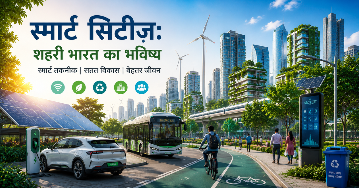 Modern smart city in India featuring green buildings, electric vehicles, solar energy, smart transportation, and sustainable urban infrastructure.