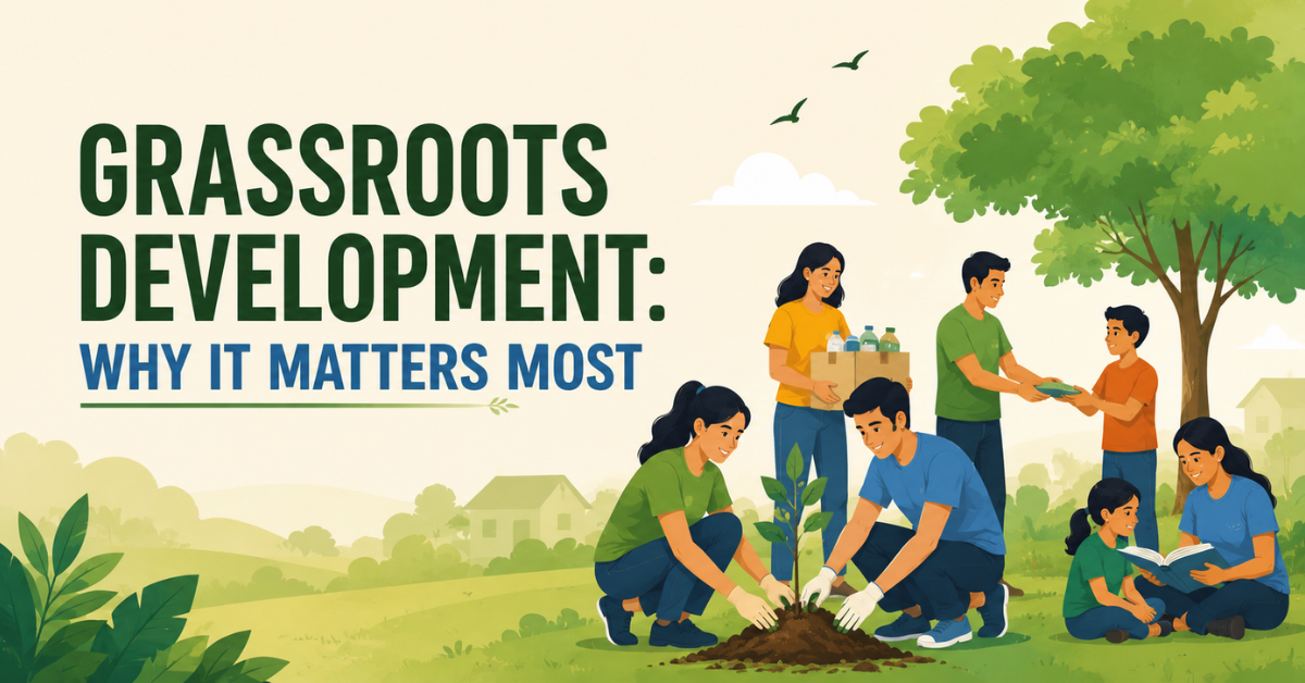 A featured banner illustrating community members working together on local development activities such as tree planting, education, and social support, symbolizing grassroots development and community empowerment.