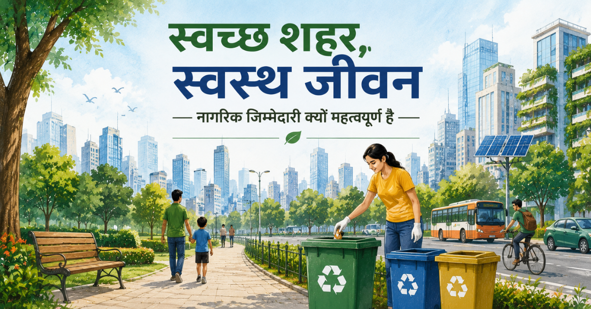 Illustration of a clean and green city with people using dustbins, greenery, recycling bins, and modern eco-friendly surroundings promoting civic responsibility.