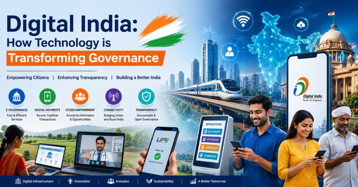Digital India concept illustration featuring e-governance, digital payments, online public services, smart technology, internet connectivity, and citizens using digital platforms.