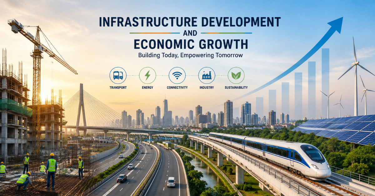 Modern infrastructure development scene featuring highways, metro trains, construction sites, renewable energy systems, and an expanding urban skyline representing economic growth.