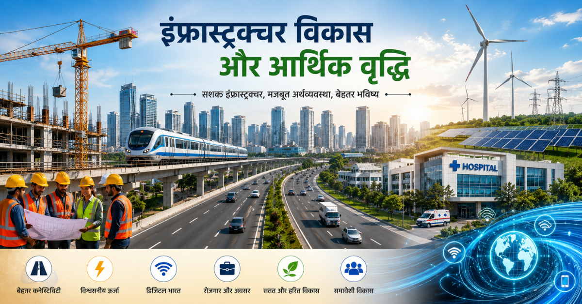 Modern infrastructure development scene featuring highways, metro rail, renewable energy, digital connectivity, healthcare facilities, construction projects, and urban growth.