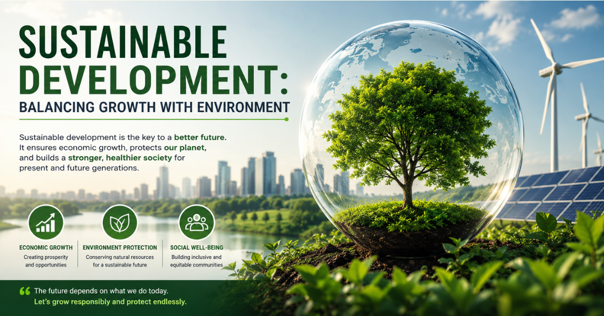 Green sustainable development concept featuring a tree inside a transparent globe, renewable energy sources, solar panels, wind turbines, and a modern eco-friendly city skyline.