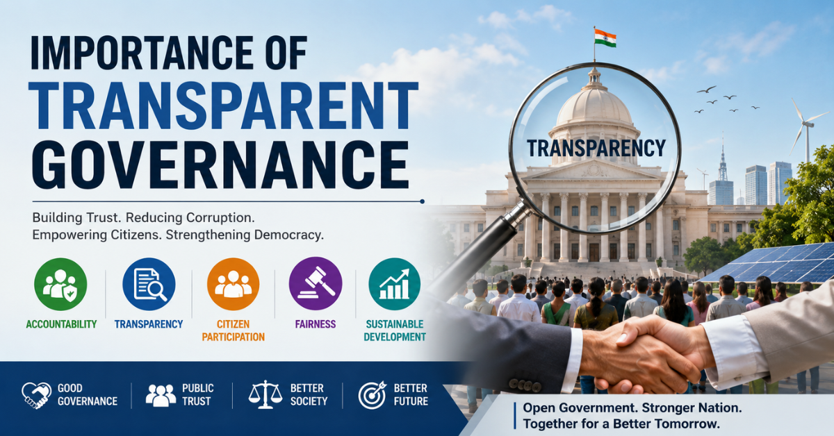 Government building viewed through a magnifying glass symbolizing transparency, accountability, citizen participation, and public trust in governance.