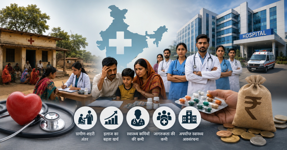 Illustration showing healthcare accessibility challenges in India, including rural healthcare, rising medical costs, shortage of doctors, hospitals, medicines, and public health services.