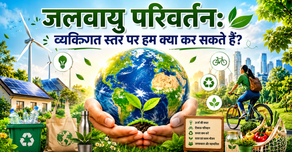 A climate change awareness banner featuring the Earth, renewable energy, recycling, sustainable transportation, energy conservation, and eco-friendly lifestyle choices that individuals can adopt to reduce their environmental impact.